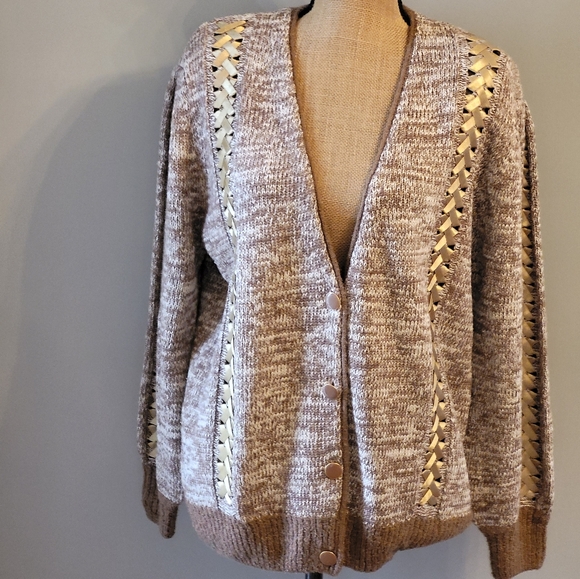 Nina Austin Vtg 80s Silk Blend Cardigan with gold ribbon accents medium - Picture 4 of 10